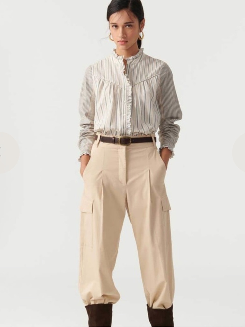Ba&sh Striped Ruffle-Trim Button Front Top white/Beige/blue size medium - Picture 10 of 12